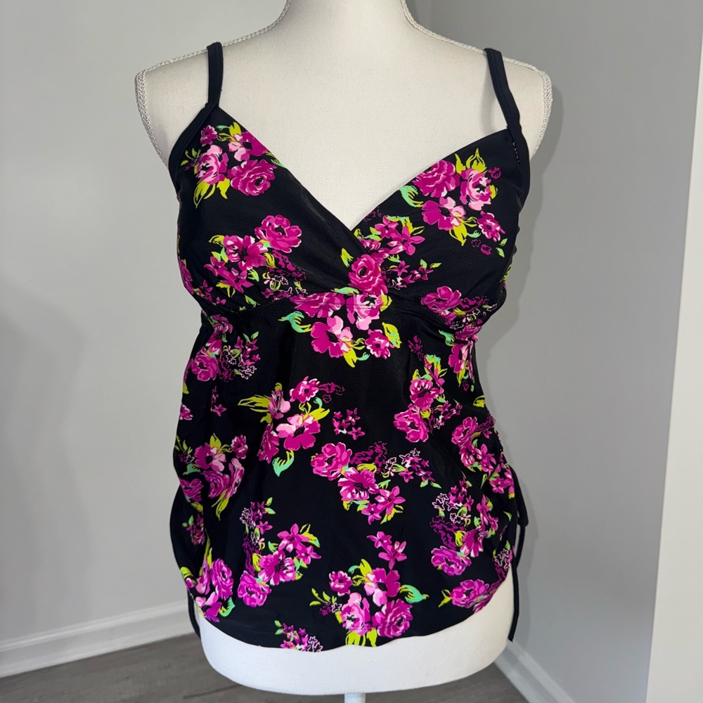 Catalina Plus 1X 16W Floral Tankini Swim‎ Top Black Pink Removable Pads